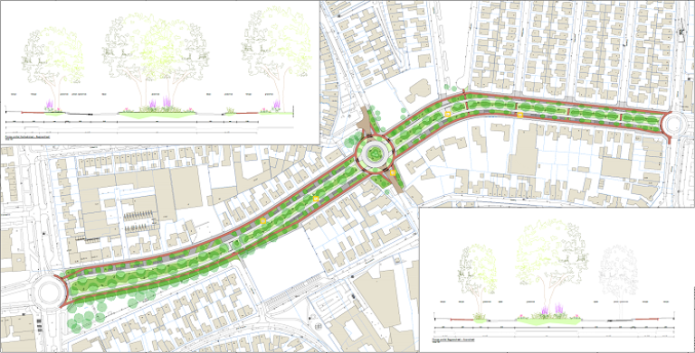 een getekende schets van bovenaf van het voorlopig ontwerp aan hertogensingel, met veel bomen. Linksboven en rechtsboven staat weergegeven hoe de bomen op ooghoogte eruit komt te zien.