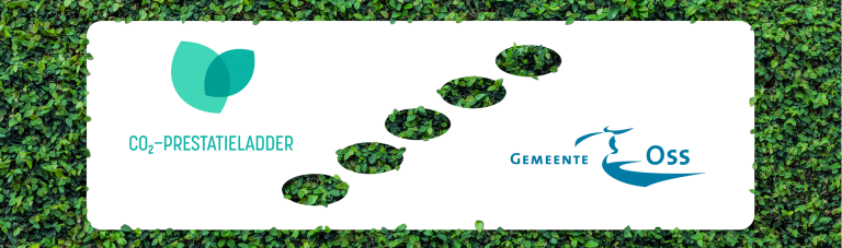 Logo CO2-prestatieladder en logo gemeente Oss, met groene bladeren op de achtergrond