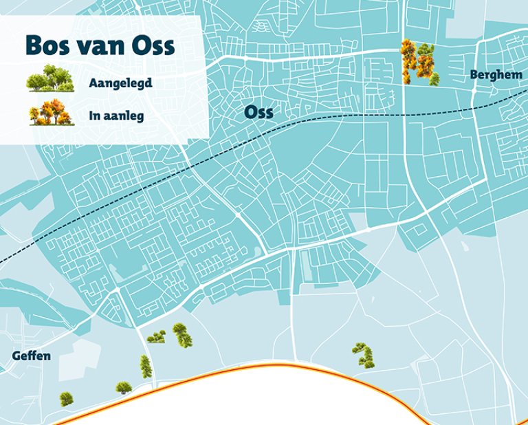 Kaart van Oss met de locaties waar we bomen hebben geplant en waar we nog aan het planten zijn