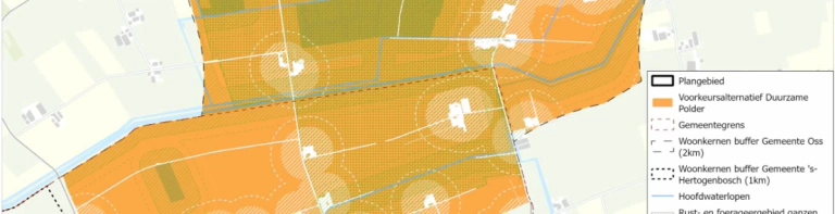 Plattgrond waarop te zien is waar de windmolens in de duurzame polder hoogstwaarschijnlijk komen